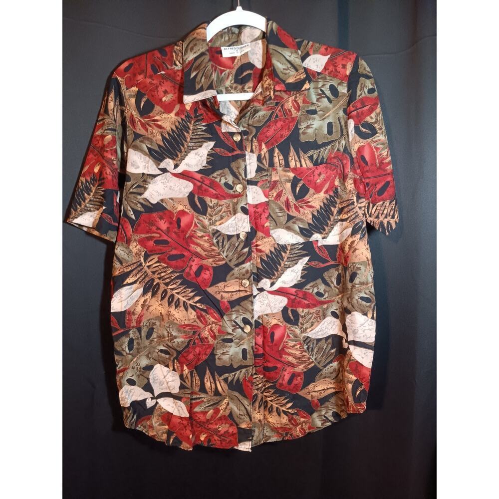 Alfred Dunner Women Fall Leaves Button Up Shirt Sz 8 Red Brown Green Made in USA
